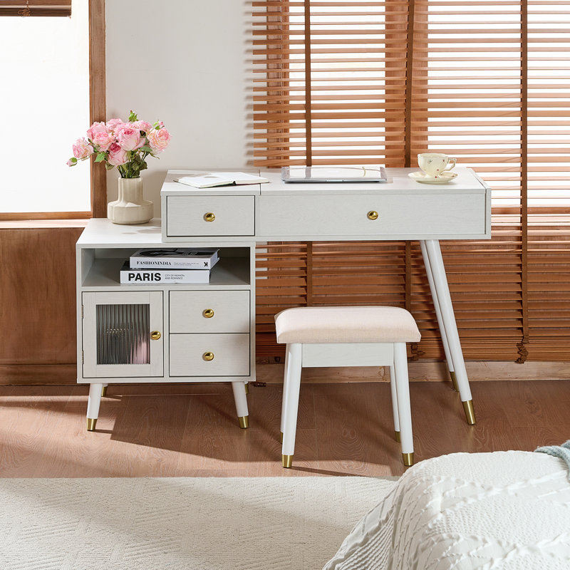 Versatile 3-in-1 Makeup Vanity Desk with Lighted Flip Mirror, Storage Stool & Adjustable Cabinet, White