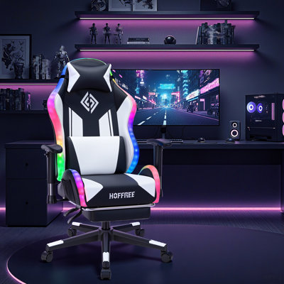 HOFFREE Fauteuil de jeu à DEL ergonomique en cuir et PVC avec repose-pieds et support lombaire