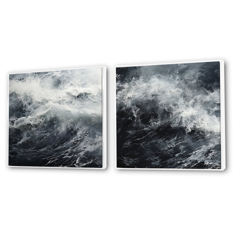 Tempête de vagues noires et blanches - ensemble de 2 carrés carrés, Cadre flottant blanc, H 36 po x l 73 po