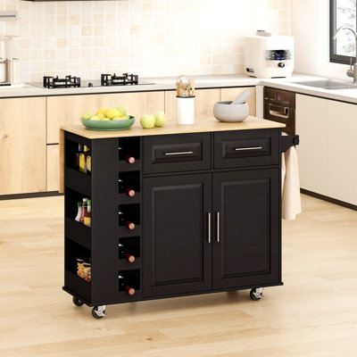 Chariot d'îlot de cuisine multifonctionnel avec tabourets de bar élégants et minimalistes, ensemble combiné, pratique et pratique (îlot de cuisine noir + tabourets de bar bruns)