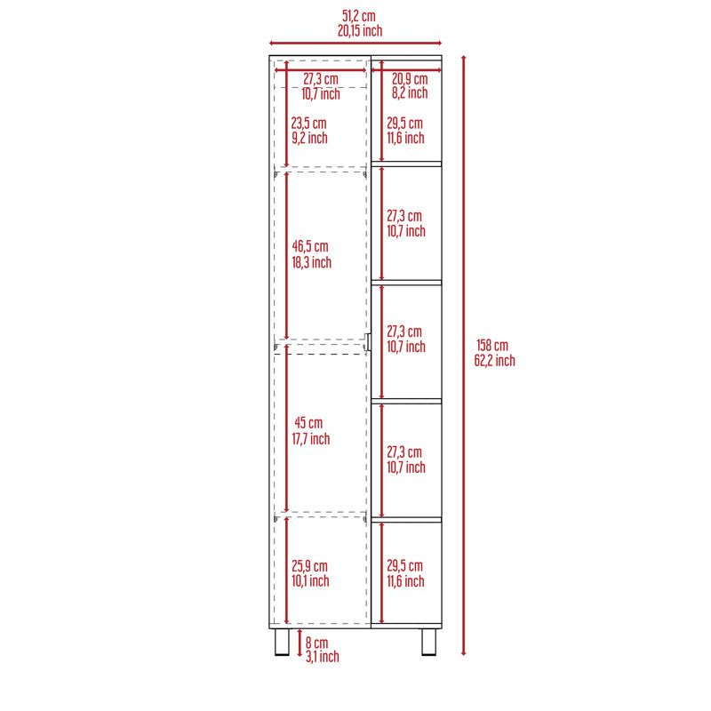 Armoire de salle de bain haute en lin Urano avec quatre tablettes extérieures ouvertes, Chêne fumé