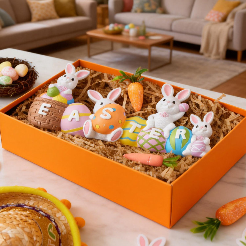 Oeufs en résine en résine avec le mot Pâques, 4 lapins et œuf sur table, Pâques