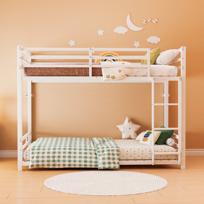 Bunk Bed With Ladder And High Guardrail Metal Bunk Bed, Storage Space, Noise Free,Twin Over Twin Size,WHITE