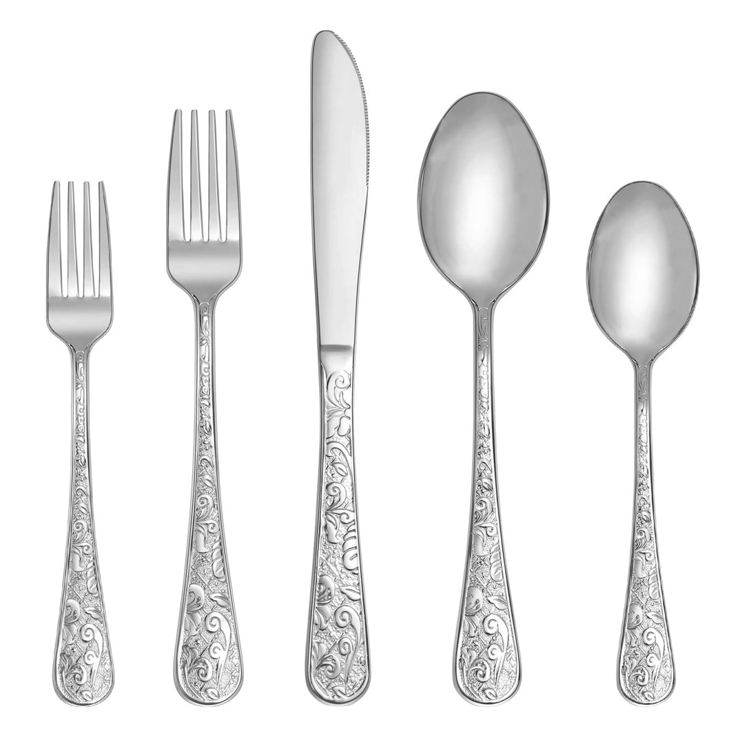 20-Teiliges Besteck-Set Mit Moderner Blumengravur Für 4 Personen, Besteckset Aus Edelstahl Mit Messer/Gabel/Löffel, Best...