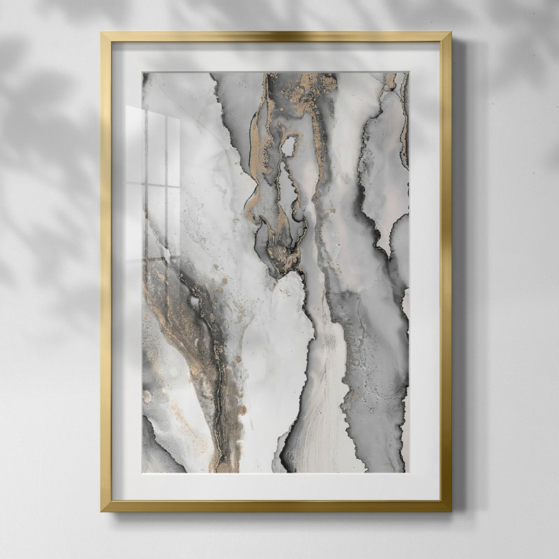 «Abstract Ink Fantasy III», reproduction encadrée, Papier avec cadre doré, Blanc