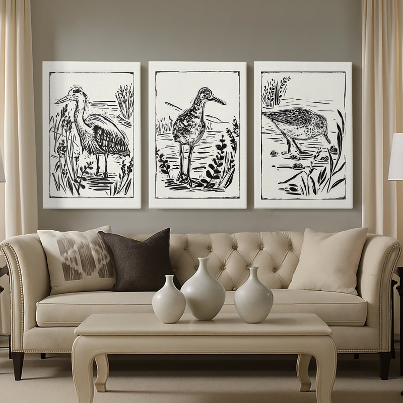 Linocut Style Seabird I - Toile tendue sur mesure avec châssis - 3 pièces, H 48 po x l 96 po