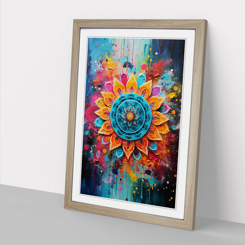 XYZ-FRM-V1223-4467 Mandala Gestural - Single Picture Frame Print on Wood, 34cm H x 25cm W x 2cm D, Oak 