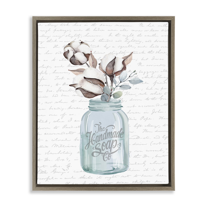 Art mural sur toile flottant à la main avec pot de savon et fleur de coton, H 25 po x l 31 po, Cadre flottant orme Montalcino