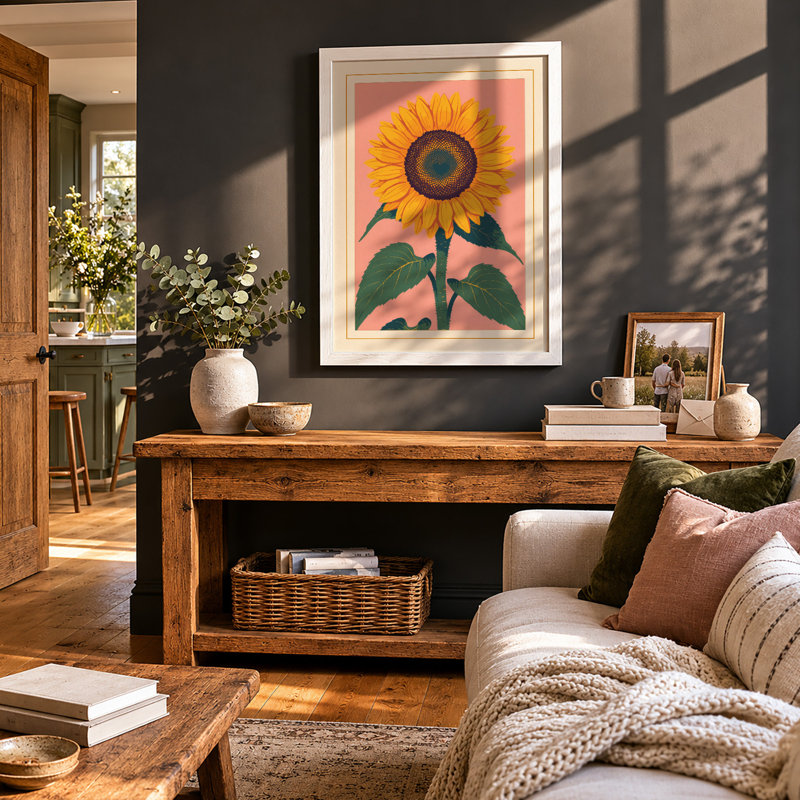 Golden Sunflower Botanical - Print, A2 - 59.4 x 42.0 cm, White
