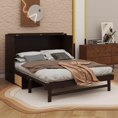Armoire lit escamotable sophistiquée pour grand lit avec station de charge et grand tiroir de rangement