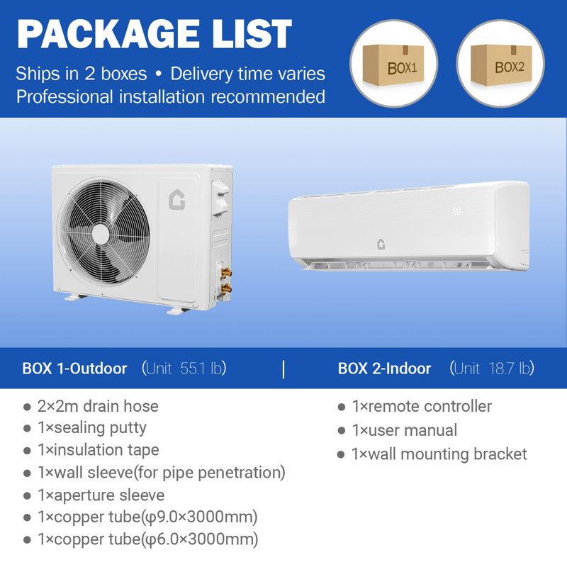 Mini système de chauffage / climatisation 12 000 BTU, 19 climatiseurs SEER2 à système inverseur 6-en-1 et climatiseur mural sans pompe à chaleur refroidissant jusqu'à 750 pieds carrés Pi, trousses d'installation, 115 V