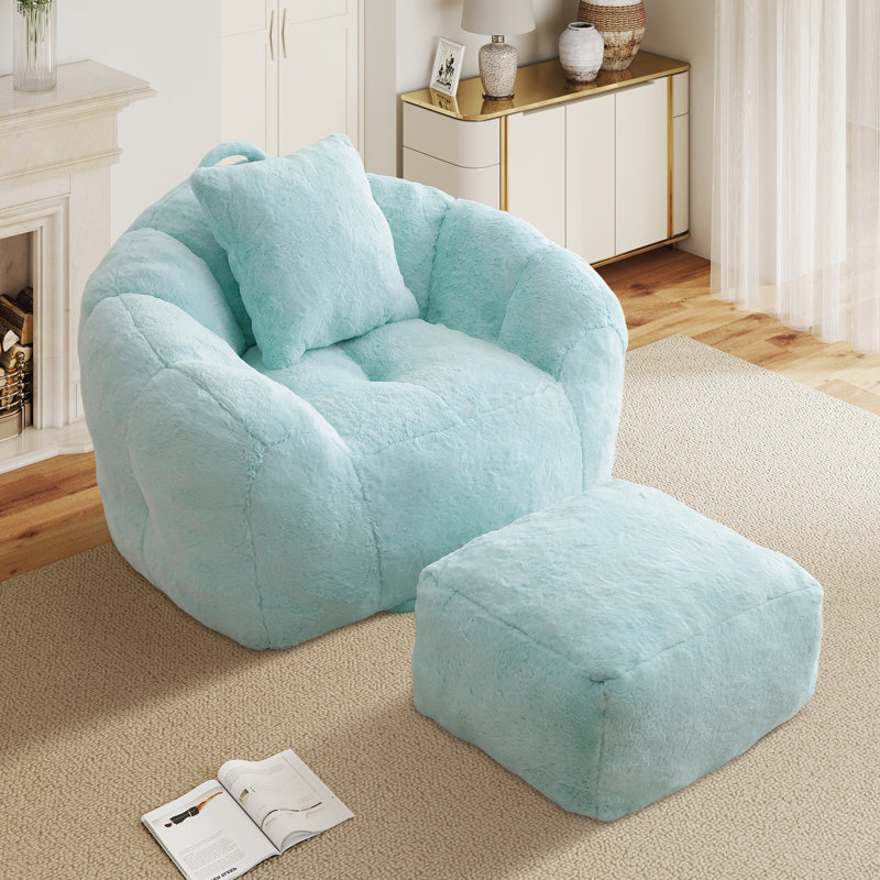ESGiant Bean Bag Chair,Lounge Chair Floor Lazy Sofa Bed with Ottoman & Pillow,Light Blue, Blue Faux Fur