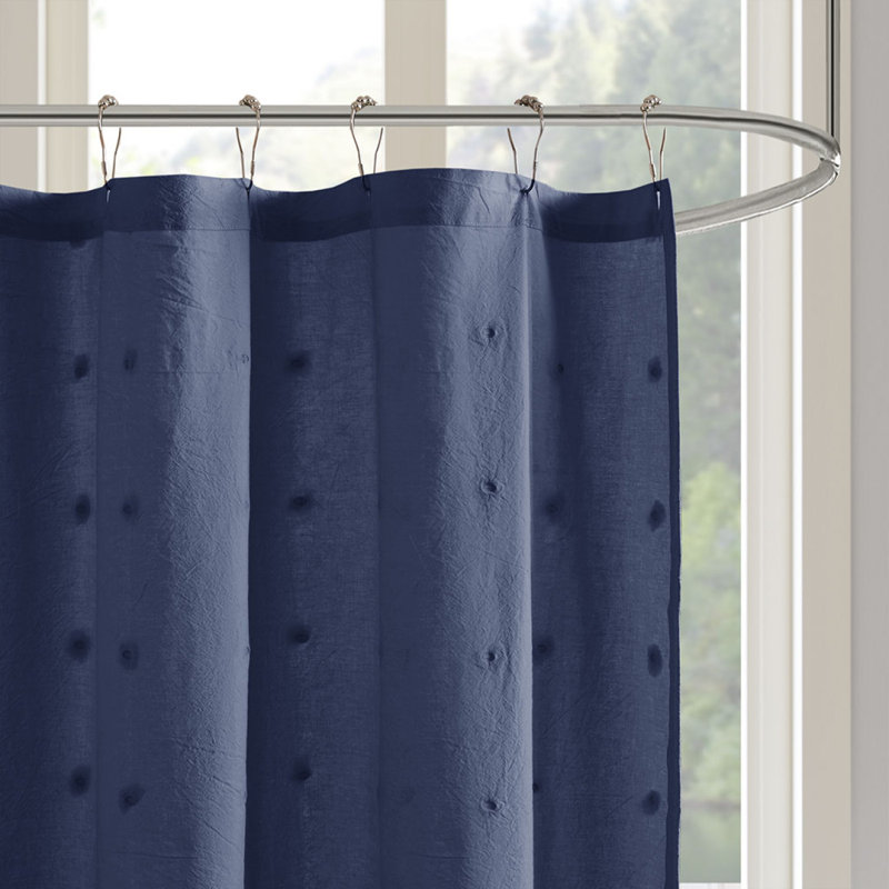 Rideau de douche en coton jacquard à pompons, Bleu indigo