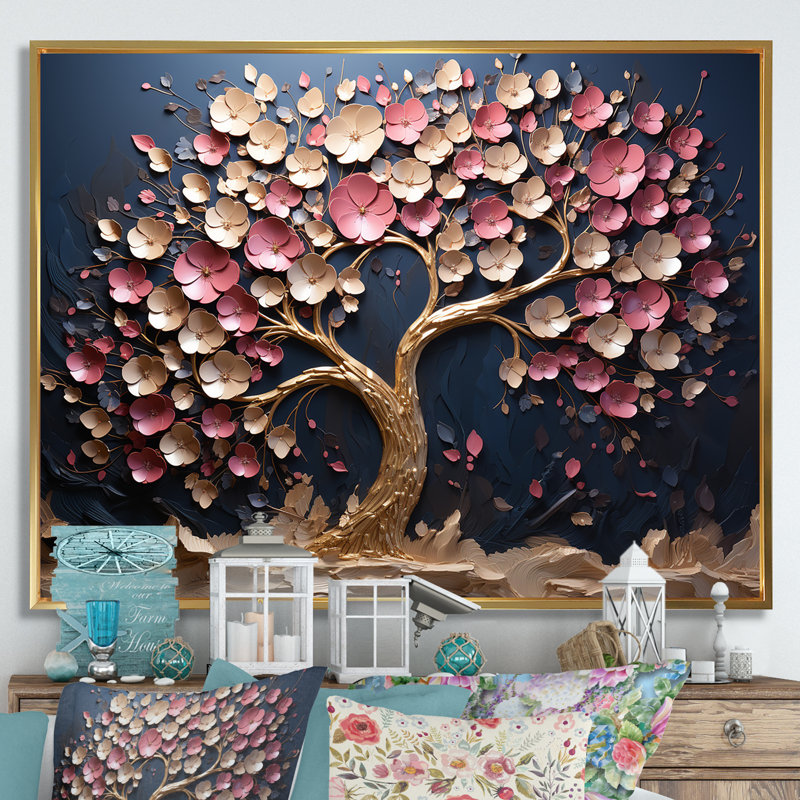 Orchidée rose et or jardin de branches IV - art mural arbre, H 24 po x l 32 po x P 1 po, Cadre flottant doré