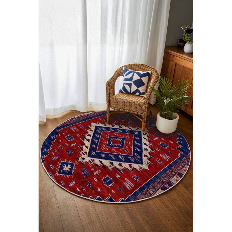 Kasbah Collection Digital Print Cotton-Polyester Burgundy Black Moroccan Rug, Round 4'