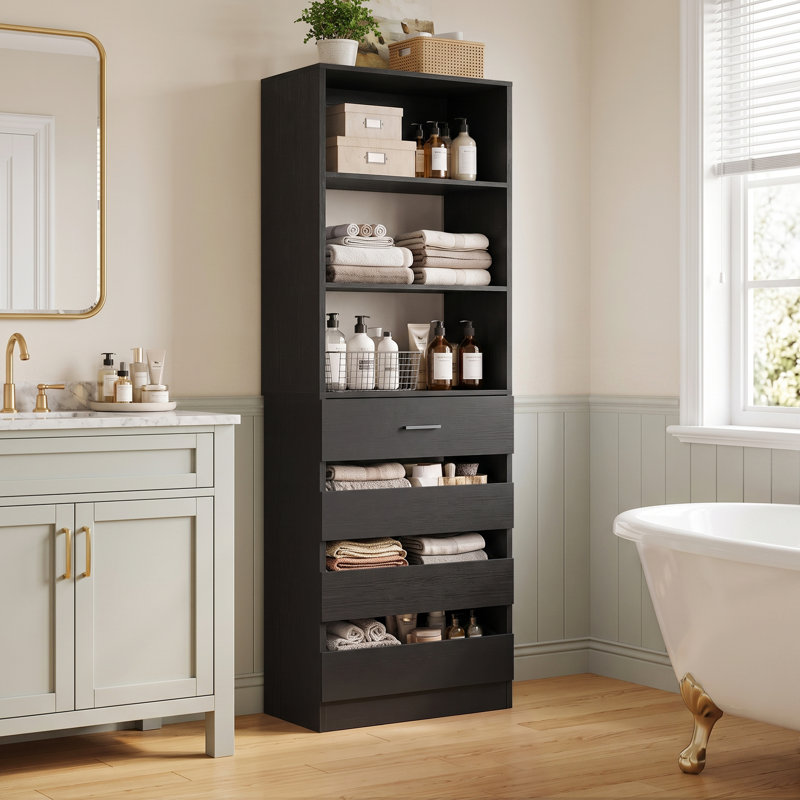 Armoire de salle de bain avec 4 tiroirs et tablettes en bois, Noir