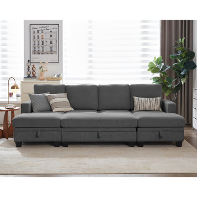 Modular Sectional Couch| Corduroy Sofa Bed Convertible Chaise With Storage Ottoman For Living Room Modern Furniture, 8 Seater Sleeper by Latitude Run