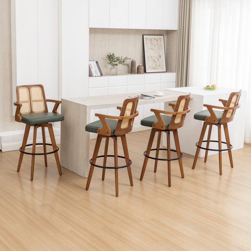 Modern Swivel Upholstered Cane Back Counter & Bar Stools, 4, Green, Bar Stool (30.11" Seat Height)
