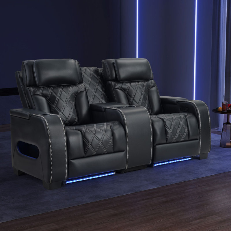 Causeuse inclinable électrique en cuir de 73 po de large avec appui-tête réglable et éclairage d'ambiance, Noir
