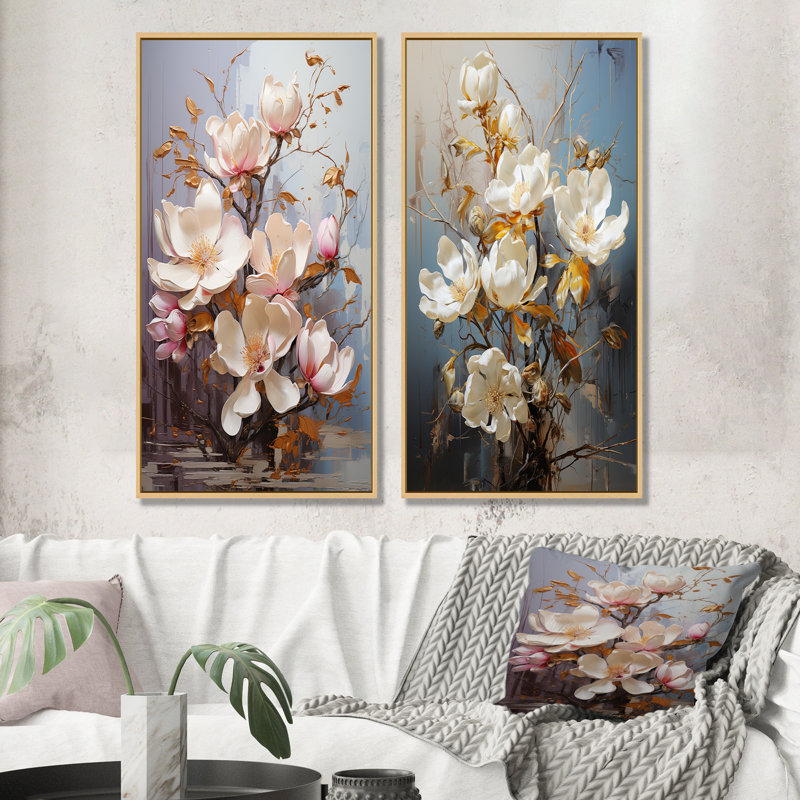 «Magnolias» - ensemble de 2 impressions sur toile dorées, H 40 po x l 41 po, Encadrement brun