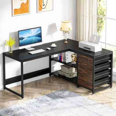 Bureau d'ordinateur en L, bureau multifonctionnel avec tablettes et tiroirs de rangement