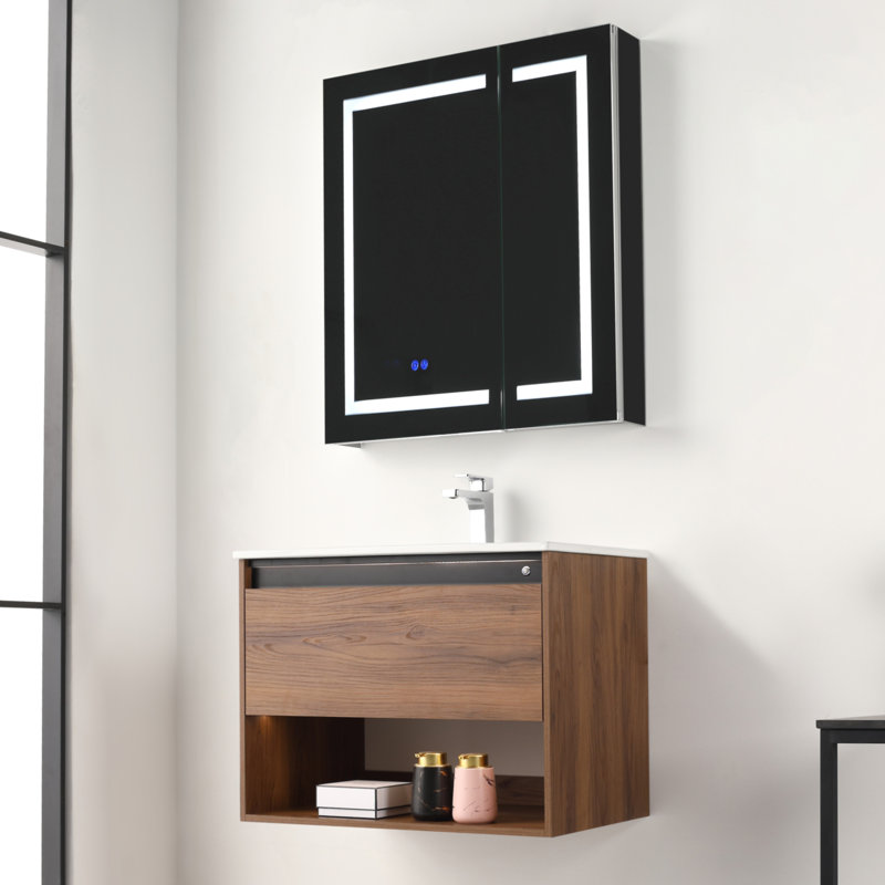 Meuble-lavabo flottant 30 po avec lavabo mural Khaleia, Brun, Blanc