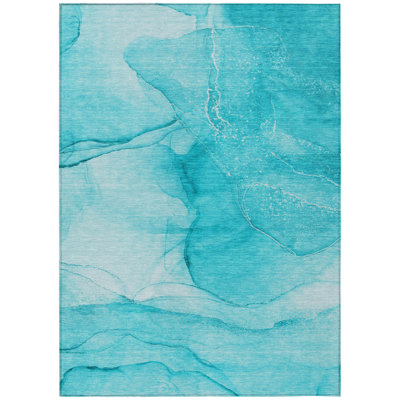 3' X 5' Teal Abstract Washable Non Skid Indoor Outdoor Area Rug