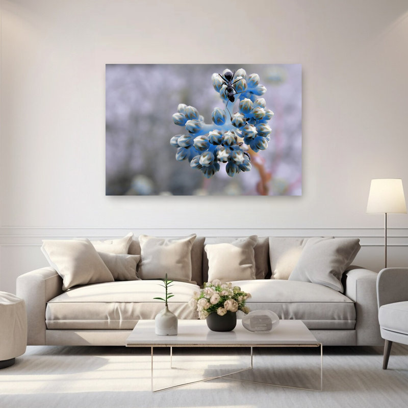 Ant On Blue Buds Delicate Ant Flower Nature Wall Art Print 1 Piece Wrapped Canvas Wall Art, 101.6cm H x 152.4cm W
