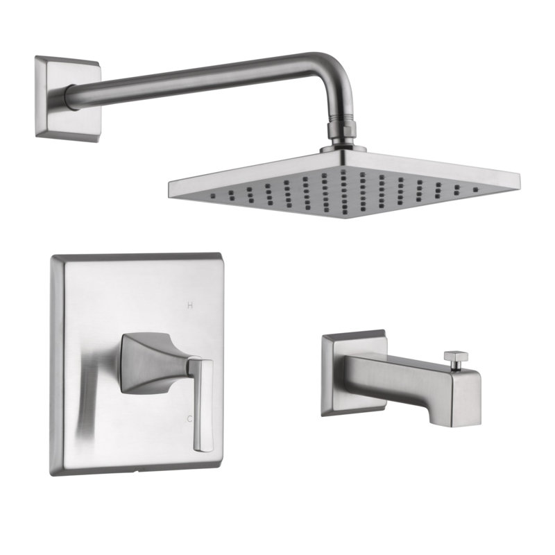 Système de douche de la collection Lotto: pomme de douche carrée de 8 po, ensemble de poignées simples, bec de baignoire et soupape brute inclus - nickel brossé