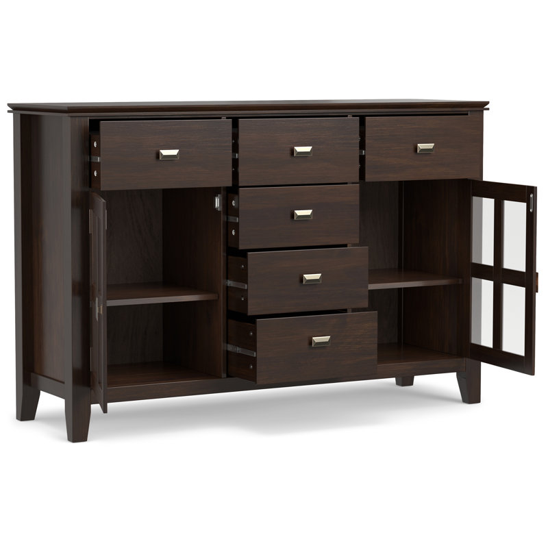 Artisan 54"W Solid Wood Sideboard Buffet with Tempered Glass Doors and 6 Drawers, Dark Chestnut Brown