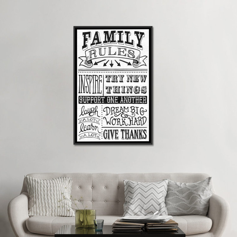 « family rules ii », art textuel sur toile, H 26 po x l 18 po x P 1,5 po, Toile avec cadre noir, Pas de tapis