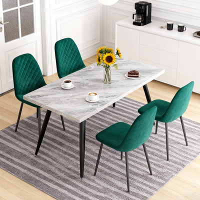 150cm Marble Effect Dining Table Set With 4 Quilted Velvet Chairs