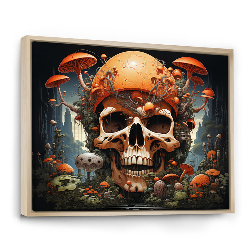 Tête de mort souriante, champignons orange, impression d'Halloween, Cadre naturel flottant, 16" H x 32" W