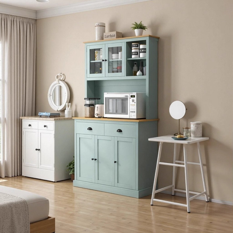 Grande armoire de rangement grise avec support pour micro-ondes