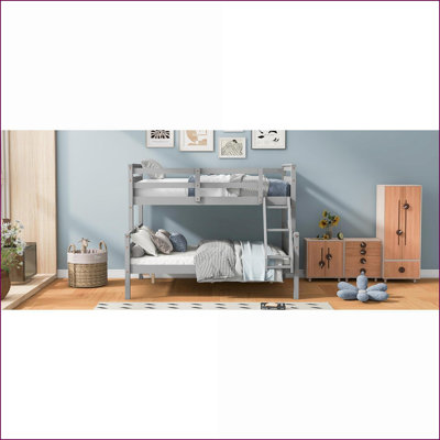 Twin/Full Size Solid Pine &amp; MDF Bunk Bed with Ladder, No Box Spring Needed, 300/350lbs Capacity, Gray for Bedroom