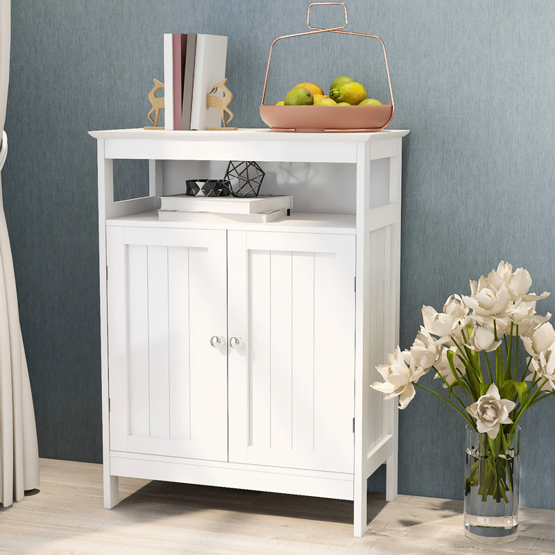 White Bathroom Floor Cabinet With Double Shutters, Dependable , Painting, Generous Storage, Simple Assembly Procedure Storage In White, Shutter Door Design, Painted Ample