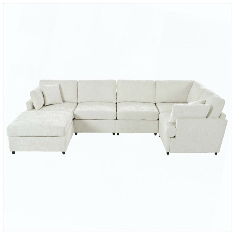 Repose-pieds modulaire en chenille 6 pièces avec canapé modulaire en chenille 6 pièces, Beige