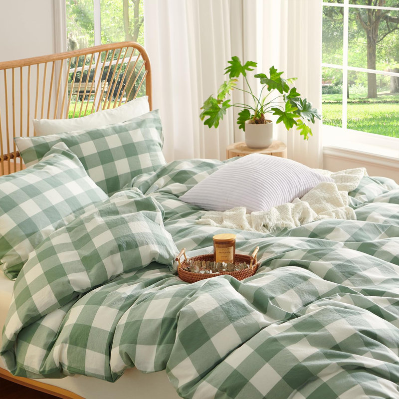 Ensemble de literie à carreaux Gingham, Housse de couette pour très grand lit et 2 taies , Tissu écossais vert