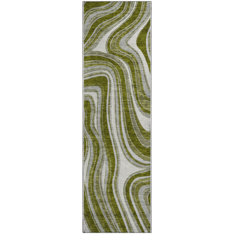 Premium Machine Washable Prisco Olive Rug, Runner 2'3" x 7'6"