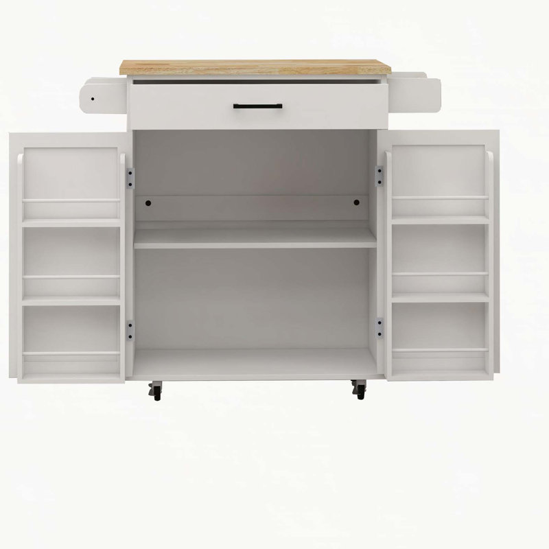 Chariot à roulettes pour îlot de cuisine avec 1 tiroir et 2 portes avec supports de rangement, tablettes réglables, porte-serviettes et plateau en bois d'hévéa, blanc