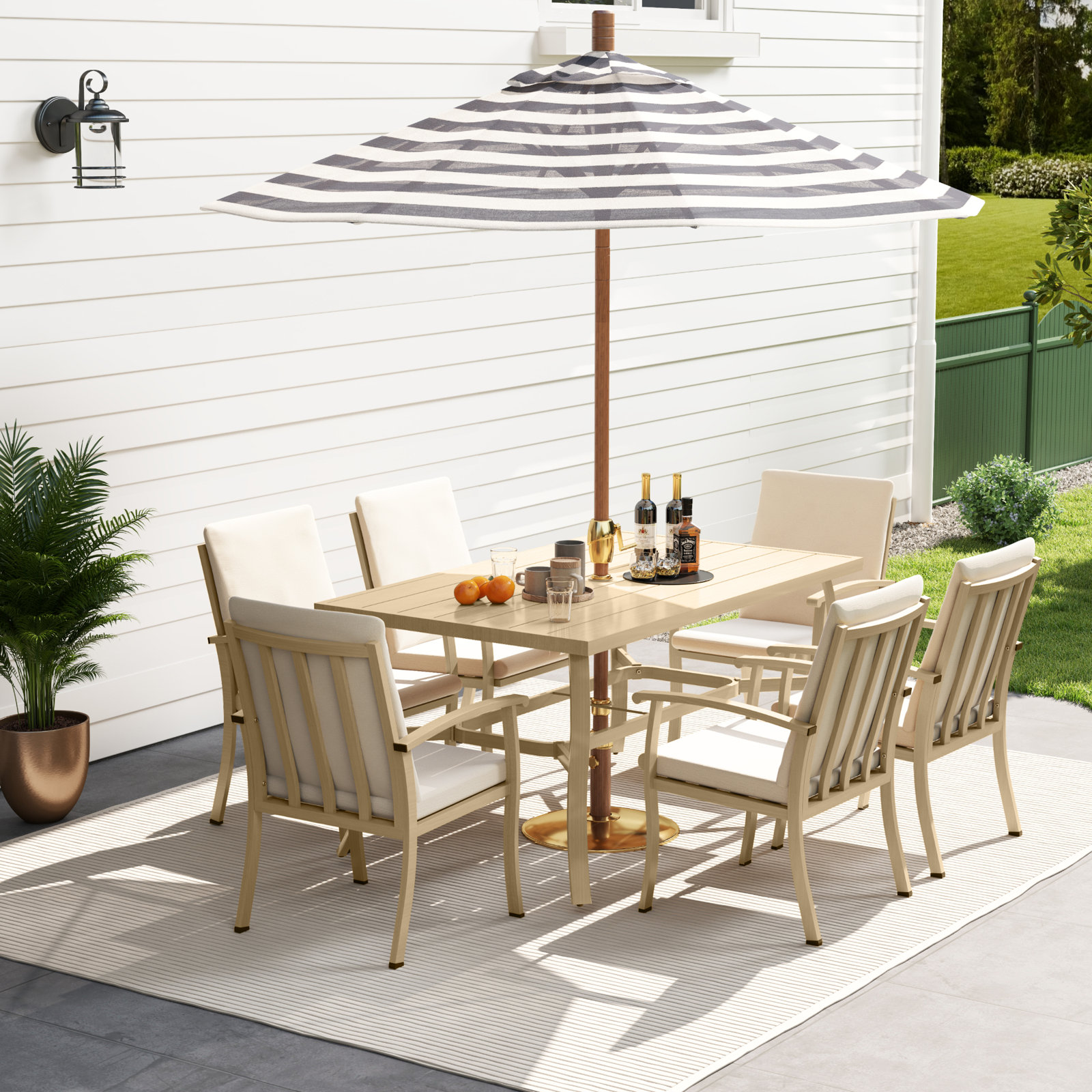 Willesden Rectangular Aluminum Dining Set with Cushions, 6, Beige