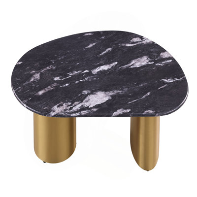 Table basse ovale 1pc avec pieds en pierre frittée, pieds dorés, coins doux, salon noir, gris et or mat