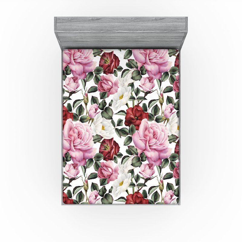 Drap-housse Ambesonne, Rose pâle, vert paon / floral, Drap-housse très grand californien