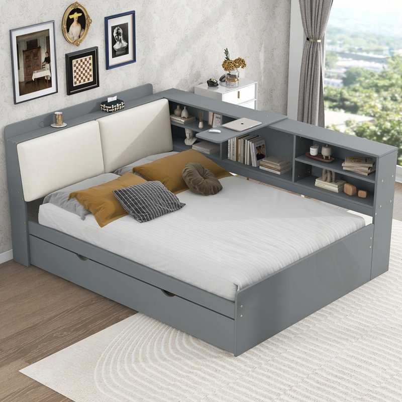 Lit plateforme en bois avec lit gigogne, Gris, Double