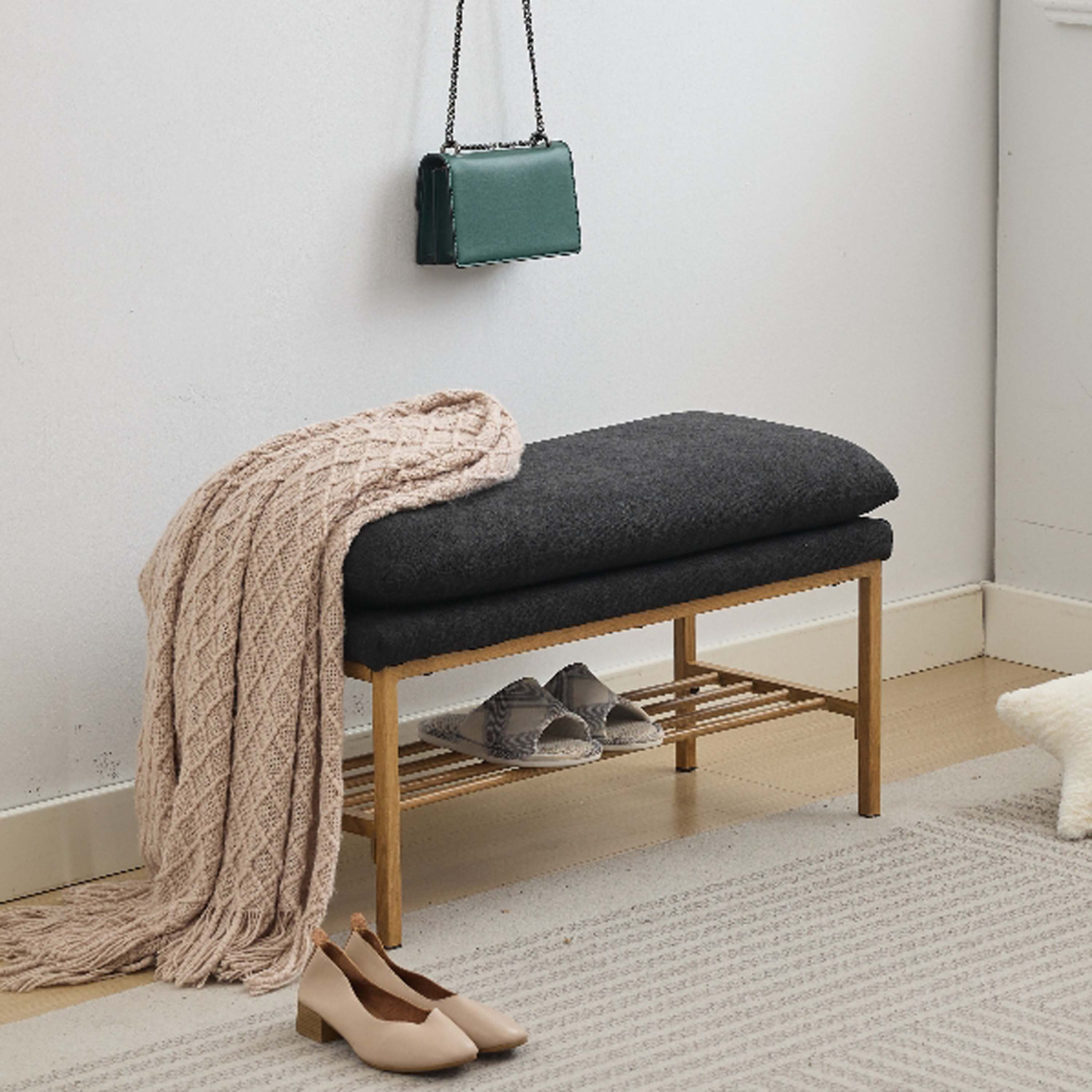 Ebern Designs End of Bed Bench with Shelf, Linen Upholstered Storage