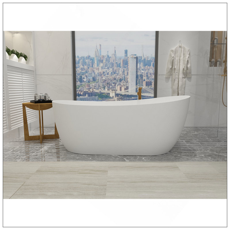 67 Inch Freestanding Solid Surface Soaking Bathtub Matte White