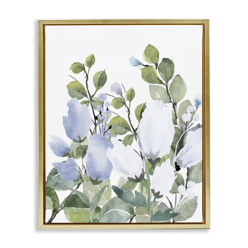 Cadre flottant Blue Spring Florals, design par Kim Allen, Cadre flottant métallique doré, H 21 po x l 17 po