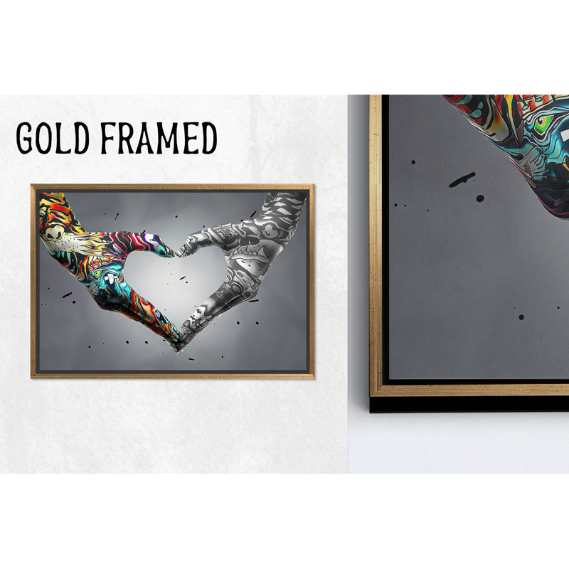 Impression sur toile «Love Hand Graffiti»: décor de style Banksy, toiles encadrées dorées 1P, 47,3 po H x 102,4 po l
