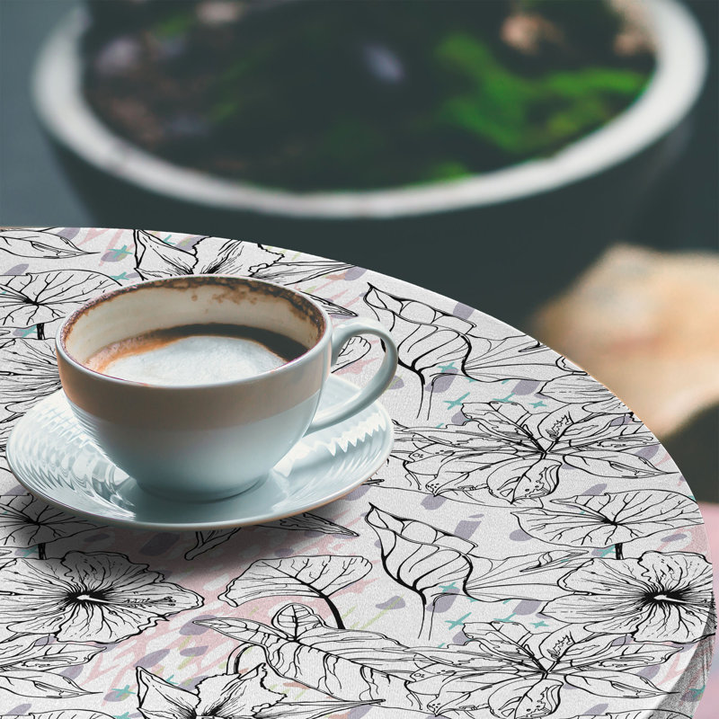 East Urban Home Tropical Fitted Round Tablecloth Charcoal Grey Soft Pink, 47.24" Round