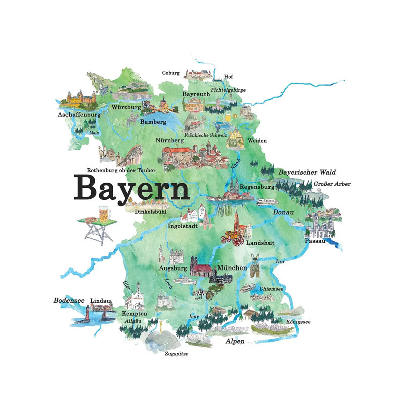 Bayern, Germany Illustrated Travel Poster by Markus & Martina Bleichner - Wrapped Canvas Gallery-Wrapped Canvas Giclée